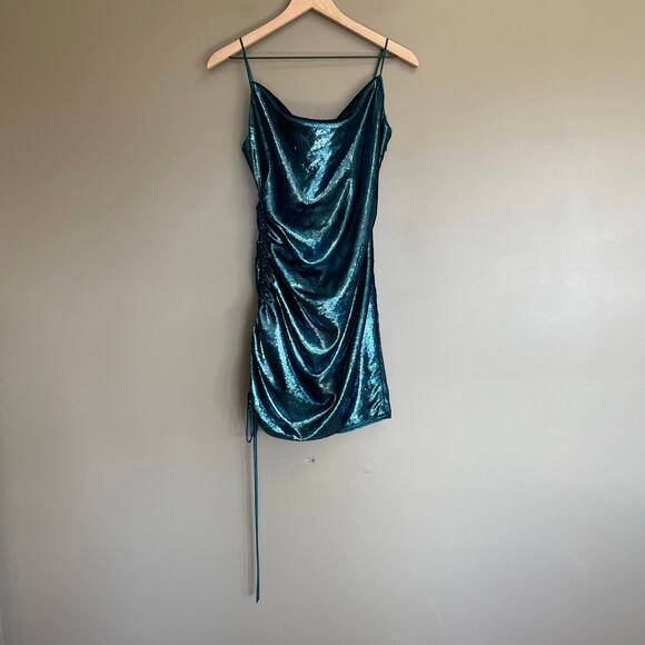 CINQ A SEPT Shiny Astrid Dress Teal Topaz Size 2 Metallic Bodycon Mini Sexy Chic - Picture 4 of 16